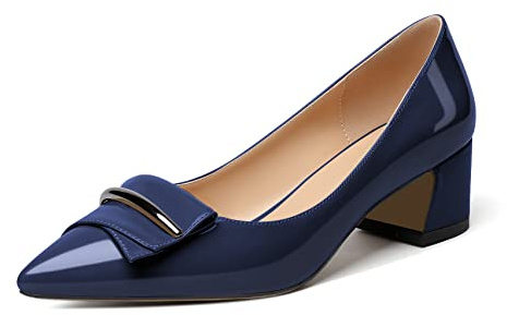 EDEFS Escarpins Femme Talon Bloc Bout Pointu - Talon Moyen Élégants Bleu Marine Verni Taille EU39