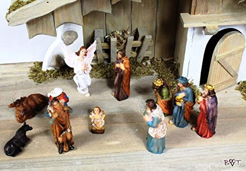 Krippenfiguren KOMPLETTSET mit Jesuskind, Figuren für Weihnachtskrippen mit weißer Engel 7 cm Maria Josef 3 Weise 6 cm Jesus Engel Flötenspieler o. Hirte Schaf Ochse Esel Krippenzubehör Krippen Kripp