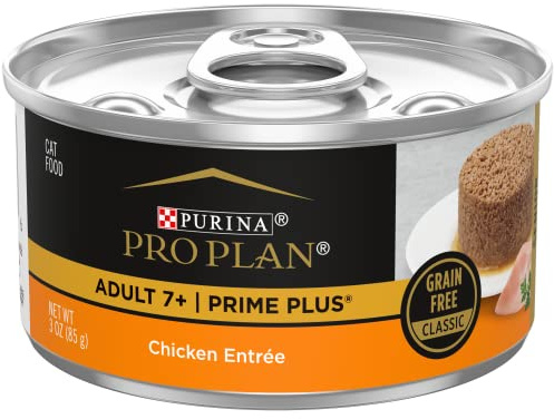 Purina Pro Plan Grain Free Senior Wet Cat Food Pate, SENIOR Adult 7+ Prime Plus Chicken Entree - (Pack of 24) 3 oz. Pull-Top Cans