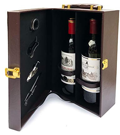 ASC Élégante boîte à vin pour 2 bouteilles avec outils – Reliure en cuir avec poignée de transport – Vis en liège, bec verseur, coupe-capsule, anneau de serviette/goutte à goutte (vin non inclus)