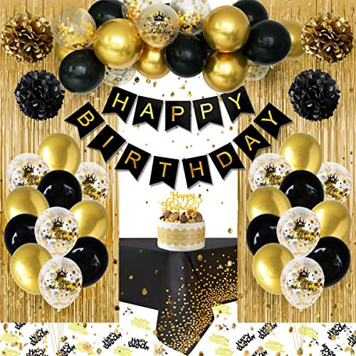 Geburtstagsdeko Mann Frauen, Schwarz Gold Party Deko, Schwarz Gold Luftballons Geburtstag Dekoration, Happy Birthday Girlande, Konfetti Luftballon Birthday Decorations für 1 13 18 21 30 40 50