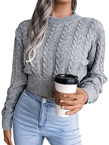 Maglione Cropped Donna Invernale Maglioni Corti Donna Invernali Pullover Donna Crop Maglione Trecce Corto Girocollo Largo Jacquard Donna Manica Lunga Elegante Particolari Larghi Eleganti Grossi Donna
