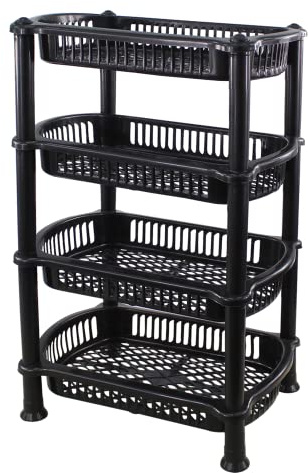 4 Tier Stacking Baskets Storage Veg Rack Plastic Stackers, Black Plastic Kitchen Utility Basket, Use in Bathroom, Home, Office, Height 55.8cm x Length 35.6cm x Width 25.4cm, Silver
