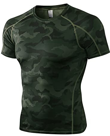 Yishengwan Maglia Compressione da Uomo Maniche Corte Maglietta Sportiva Asciugatura Rapida Traspirante T-Shirt Running per Corsa Palestra Verde Mimetico XL