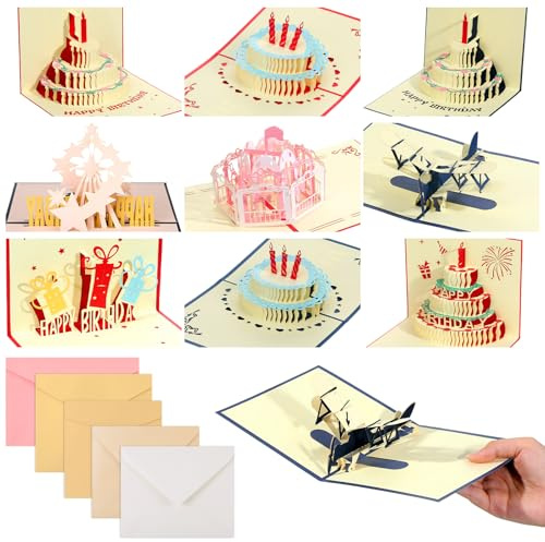 Ctosree 9 Pcs 3D Pop up Birthday Cards Handmade Greeting Cards with Envelopes for Christmas Valentines Birthday Anniversary Wedding Mother's Day