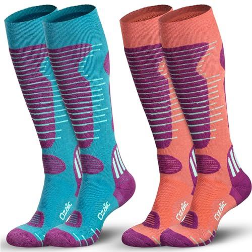 Ozaiic Merino Wool Ski Socks Mens Womens 2 Pairs for Skiing, Snowboarding, Thermal Knee High Winter Warm Sports Performance Socks
