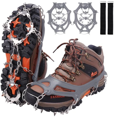 WIN.MAX Crampons for Shoes, Traction Cleats Ice Snow Grips with 19 Stainless Steel Spikes, Shoe Talons Anti - Slip Boots Spikes for Walking, Jogging, Climbing and Hiking (Grey, M)