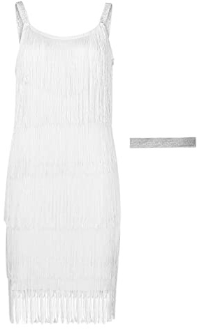 1920's Vintage Tassels Flapper Dress Women A-line Tiered Fringe Dress Roaring 20s Cocktail Party Cosplay Outfit White