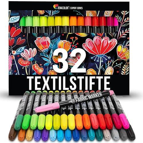 Zenacolor 32 Feutre Textile Permanent - Pour Différents Tissus - Marqueur Textile Permanent, Indélébile et Non Toxique - Pour Enfant et Adulte