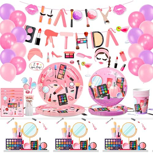 Set Festa di Compleanno di Spa 16ospiti Feste Compleanno Tema per Trucco da Ragazza, Striscione Feste a Tema Spa Palloncini Photo Booth Prop Stoviglie Trucco Spa Piatti Tovaglia etc