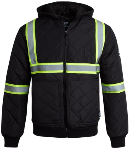 Bass Creek Outfitters Mens High Visibility Jacket - Quilted Hi Vis Bomber Safety Work Jackets for Men with Fleece Hood, Size Large, Black