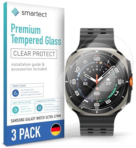 smartect [3 Stycken, Clear] Skärmskydd kompatibel med Samsung Galaxy Watch Ultra 47mm, HD Screen Protector i Härdat Glas 9H, Bubbelfri Installation, Anti-Fingeravtryck