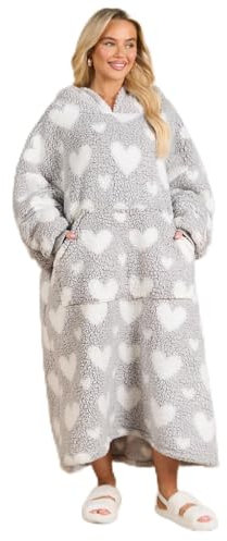OHS Extra Long Hoodie Blanket, Ultra Soft Teddy Fleece Marl Heart Pattern Oversized Wearable Blanket with Pockets Warm Cosy Hooded Blanket For Women Winter Gifts For Her - Charcoal Grey