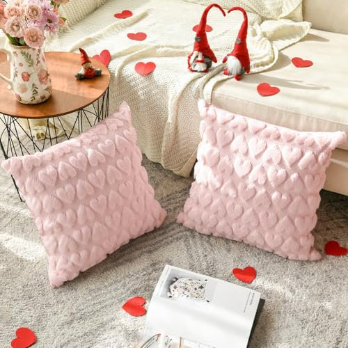 Artoid Mode Rosa Weich Künstliche Pelz Jacquard Herz Kissenbezüge 2er Set, 40x40 cm Plüsch Samt Sofakissen Zierkissenbezug Schlafzimmer Deko