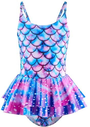 JiAmy Badeanzüge Mädchen, Einteiler Schwimmanzug mit Rock Meerjungfrauen Sling-Back Badeanzug für Kinder Blaue lila Meerjungfrauen 5-6 Jahre