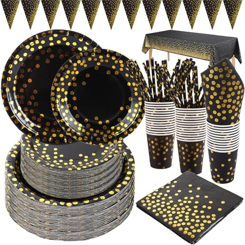 SHUESS 252 Pcs Black and Gold Paper Plates Set, Black and Gold Party Supplies, Golden Dot Party Tableware Includes Paper Plates, Napkins, 9oz Cups, Tablecloth, Straws, Banner, Serves 50