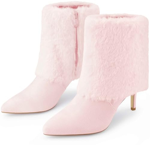 Perphy Pointed Toe Stiletto Heel Light Pink Fur Ankle Boots for Women Dressy - 8 M US