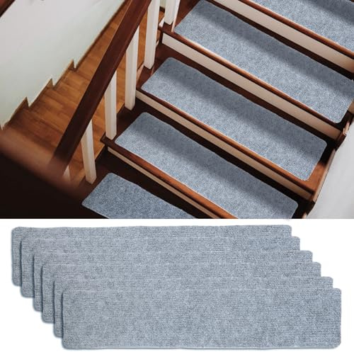 Oungy 15 Pcs Non Slip Stair Treads, 20 x 76cm Stair Carpet Treads, Peel and Stick Stair Tread Self-Adhesive Carpet Stair Mats for Pets Elders - Grey