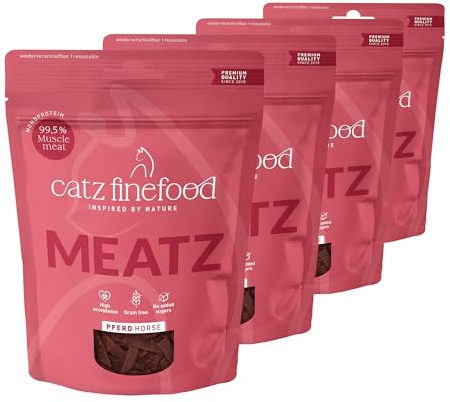 catz finefood Meatz - Gatti a forma di cavallo n. 15, strisce croccanti in 100% carne di cavallo, snack per gatti per persone allergiche senza zucchero, senza cereali (4 x 45 g)