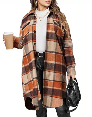 Long Checked Shirts Womens,Women's Long Sleeve Flannel Checked Shirts Plus Size Baggy Cardigan Casual Button Down Long Plaid Jacket Open Front Lightweight Autumn Check Outerwear for Ladies Orange