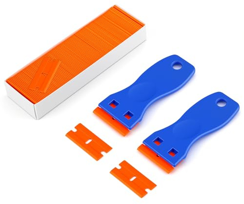 Wozzies 2 Pezzi Raschietto, Raschietto Vetro, 120 Lame in plastica, Raschietto Silicone per Finestre di Vetro e Autoadesivi auto Etichette