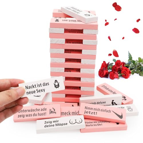 Juego de apilamiento alemán de bloques de madera para parejas, 48 piezas de bloques de torre de lujuria juego para adultos, juegos de pareja alemanes para parejas eróticas, juego sexual para San