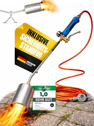 STAHLMANN Désherbeur thermique [1850°] pour une lutte efficace contre les mauvaises herbes - Brûleur en acier inoxydable - Désherbeur avec flamme réglable (avec tuyau de gaz et réducteur de pression)