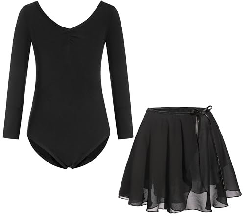 FONLAM Ballettkleid Ballettkleidung Mädchen Langarm Tanzkleid Turnanzug Balletttrikot Tanzbody Baumwolle Ballettrock Kinder (8-9 Jahre, Schwarz)