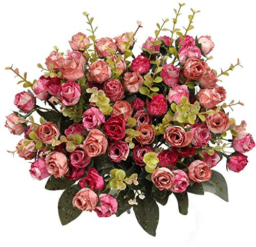 Flojery 21 Heads Silk Rose Bouquet Artificial Flowers Mini Rose for DIY Wedding Bouquets Centerpieces Bridal Shower Party Home Decorations,Pack of 4 （Rose Red）