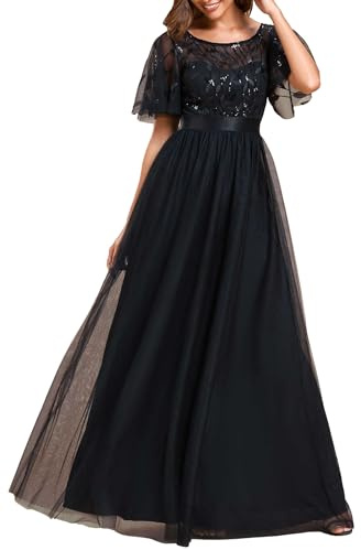 Ever-Pretty Abiti da Sera Stile Impero Maniche Corte Linea ad A Elegante Scollo a Rotondo Donna Tulle Nero 46