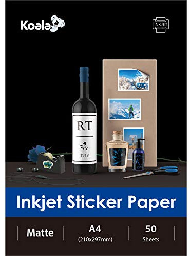 KOALA Papel fotográfico blanco mate autoadhesivo para inyección de tinta con el reverso adhesivo, papel de impresión de etiquetas, A4, 50 hojas