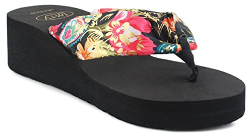 IMTY Womens Ladies Summer Platform Wedge Heel Toe Post Metallic Floral Flower Print Lightweight EVA Foam Beach Fashion Sandals Flip Flops (6 UK, Black, numeric_6)