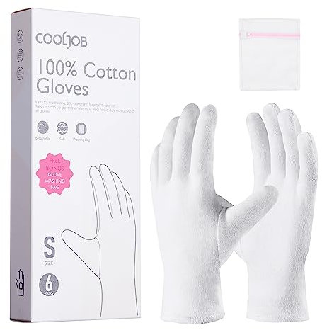 COOLJOB Baumwollhandschuhe, Weiße Stoff Handschuhe aus 100% Baumwolle für trockene Hände & Neurodermitis, Feuchtigkeitsspendende Handschuhe, Waschbar - Gratis Waschbeutel (6 Paar, Größe S)
