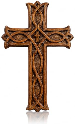 Crucifix religieux catholique en bois à suspendre - 40 x 30 cm - Plaque française sculptée florale - Décoration d'intérieur - Église - Chapelle - Décoration murale - Finition rustique antique