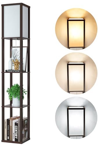 Lampada da Terra in Legno, Marrone Retrò Lampada da Pavimento con Mensola, Moderna Piantana da Terra con 3 Temperature di Colore Lampadina per Soggiorno Ufficio Angolo Corridoio Hotel (E27 Pera)