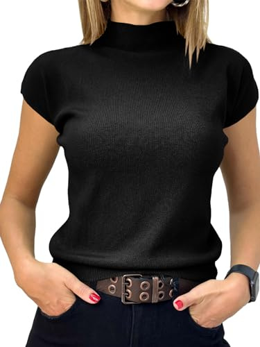 Saodimallsu Womens Short Sleeve Sweater Mock Neck Summer Casual Basic Knit Slim Fitted Pullover Tops Shirt Black