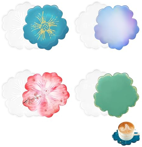 NVGVUP 4 Pcs Moulle Silicone Resine Epoxy Plateau, Moule en Résine Époxy Fleurs, Moule Dessous de Verre Resine Epoxy, Moules De Coulée Bricolage pour Créer Agate d'art, Plateau à thé, Tapis de Bougie