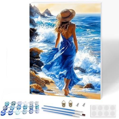 KEYIFA Pintar por Numeros Adultos con Marco, Falda Azul Mujer Paint by Number Kits con Pinceles, DIY Pintura al óleo Colorear Lienzo Manualidades, Decoración del Hogar 30x40cm