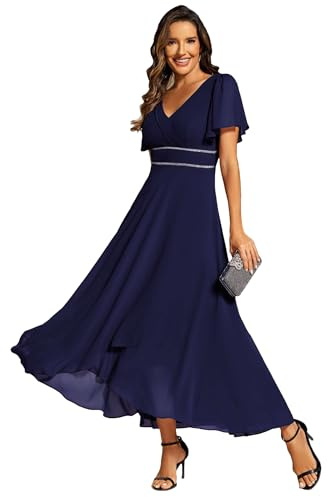Ever-Pretty Robe Femme de Soirée Longue Mousseline de Soie Col V Manches Volantées pour Cérémonie Bleu Marine 42