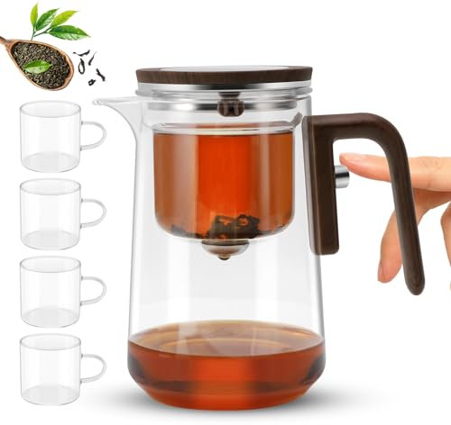Juego de tetera de cristal mágico, tetera dividida con tazas de té, tetera con relleno de agua y colador, tetera de vidrio mágico prensado para bienestar y té de la tarde (800 ml con tazas de té)