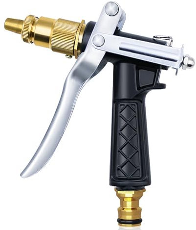 Garden Hose Spray Gun, Heavy Duty Hosepipe Spray Gun with 4 Spraying Modes Brass Garden Hose Nozzle Hand Watering Sprayer for Plants Watering, Car & Pet Washing