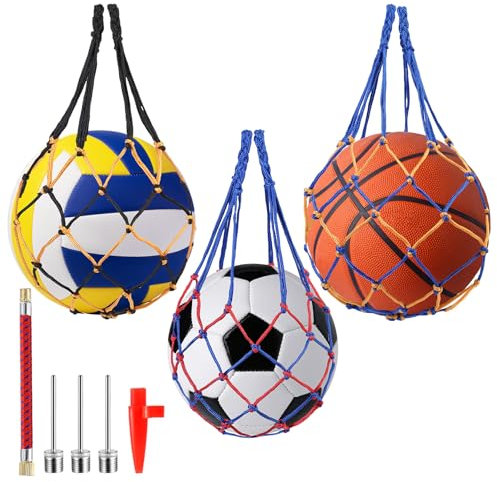 3 Piezas Bolsa para Balón, Bolsa de Pelota de Malla, Red para Balones de Futbol, Bolsas Red Playa Pelotas de Futbol Deportiva Fútbol Baloncesto Voleibol + 3 Agujas, 1 Bomba, 1 Boquilla de Inflado