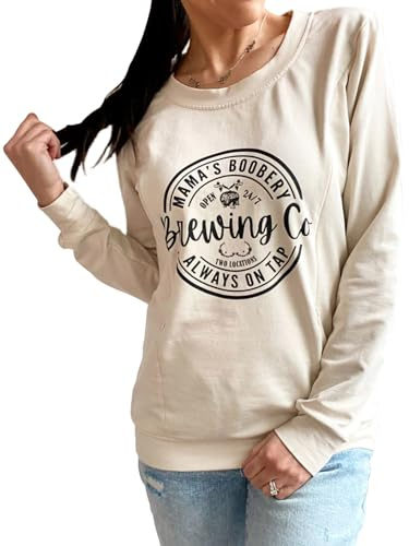 TAIUICY Women Maternity Nursing Sweatshirt Comfort Friendly Zip Breastfeeding Pullover Mama's Boobery Always on Tap Sweater, Cream, S