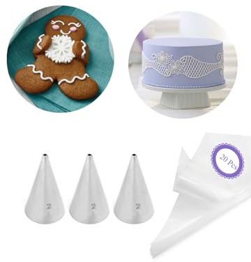Set di 2 beccucci per tubazioni e sacchetti, 3 punte rotonde fini e 20 sac à poche usa e getta da 20,3 cm per scritte, contorni e lavori di dettaglio