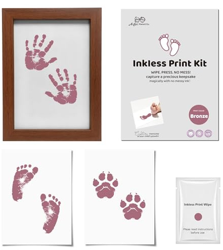 3-delars set med fotoram, Baby Clean Touch handavtryck och fotavtryck kit, Inkluderar bläckdyna och två tryckkort, 2 uppsättningar tassavtryck set hund katt, idealiska gåvor för nyfödd (Röd)