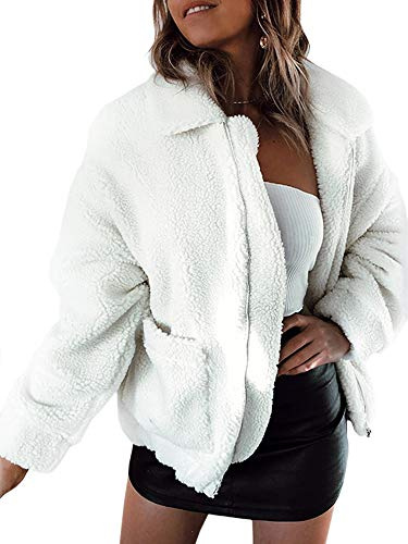 ECOWISH Women Jacket Winter Coat - 2023 Fur Fleece Long Sleeve Sherpa Faux Fuzzy Fall Teddy Fluffy Zip Lapel Outfits White_1 Medium