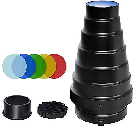 Soonpho Konisches Snoot-Kit aus Aluminiumlegierung für Bowens-Mount-Strobe-Flash-Speedlite, inkl. Wabengitter und 5 Farbfilter