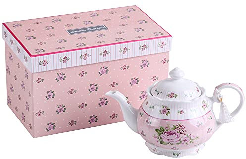 London Boutique Porcelain Teapot Sets Teapot Sugar Bowl and Cream Milk Jug Shabby Chic Vintage Floral in Gift box (Teapot Rose Pink)