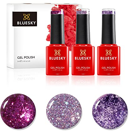 Bluesky Gel Nail Polish Set - Purple Confetti, Purple Dream Blz48, Diamond Dc004, Secret Santa 63901 - Glitter 3 x 5 ml, UV/LED Curing Required