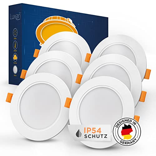Luxari LED Einbaustrahler 230V flach [6er Set 9W] – IP54 Deckenstrahler für Bad – 3000K Warmweiß, 900lm, 90-105mm, LED Einbauleuchten Spots